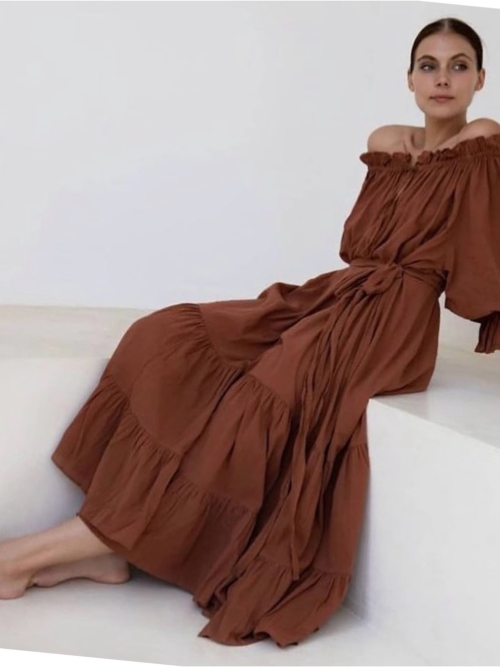 NWT Linen Off-Shoulder Tiered Maxi Dress in Chestnut Brown